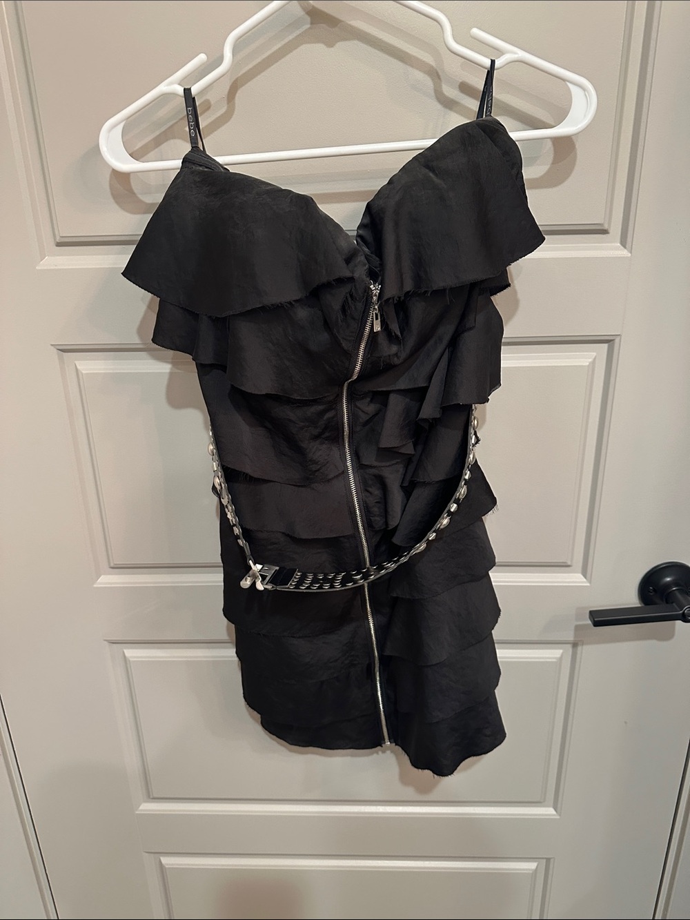 bebe Black Ruffled Zip-Front Mini Dress